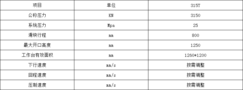 國标315噸四柱液壓機參數